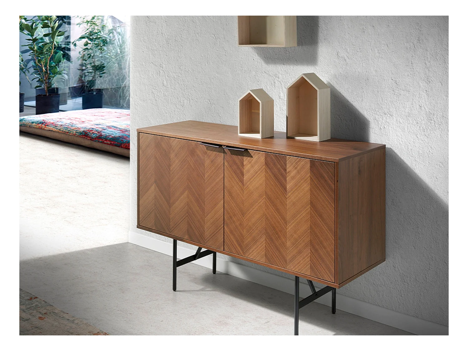 Roza Aparador moderno pequeño de 2 puertas con patas de acero negro 120 cm