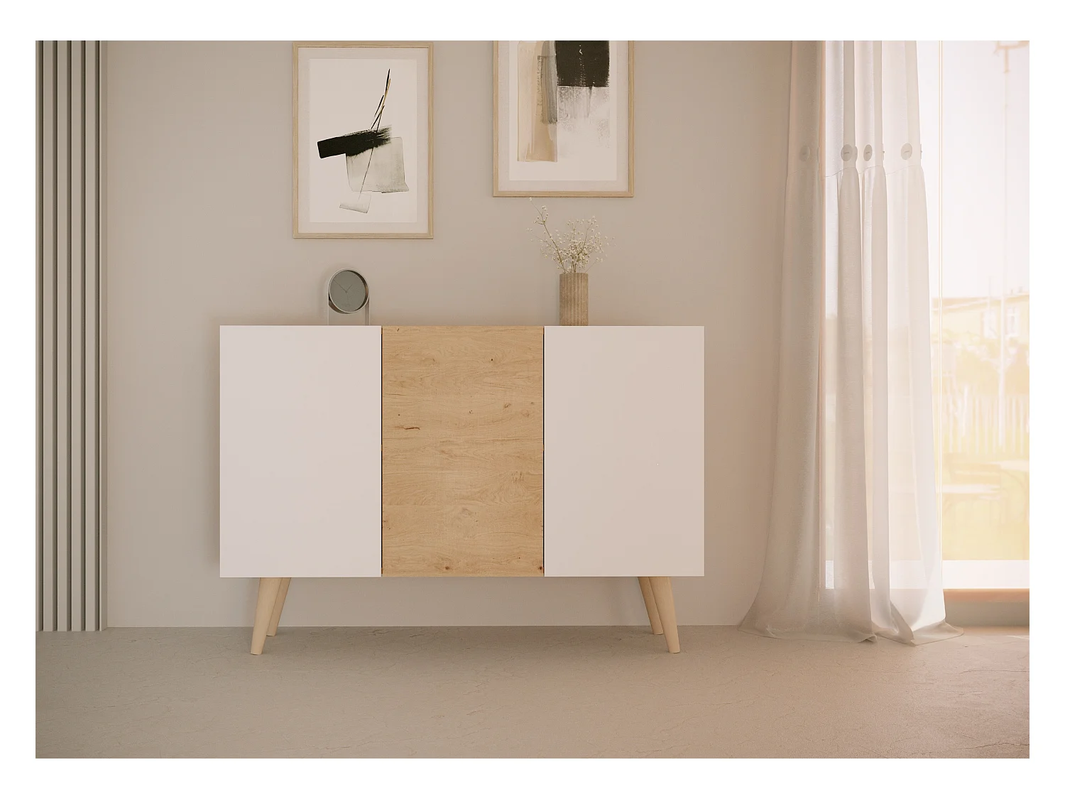 Cómoda Rolia 3 puertas 120 cm-Color Natural y blanco