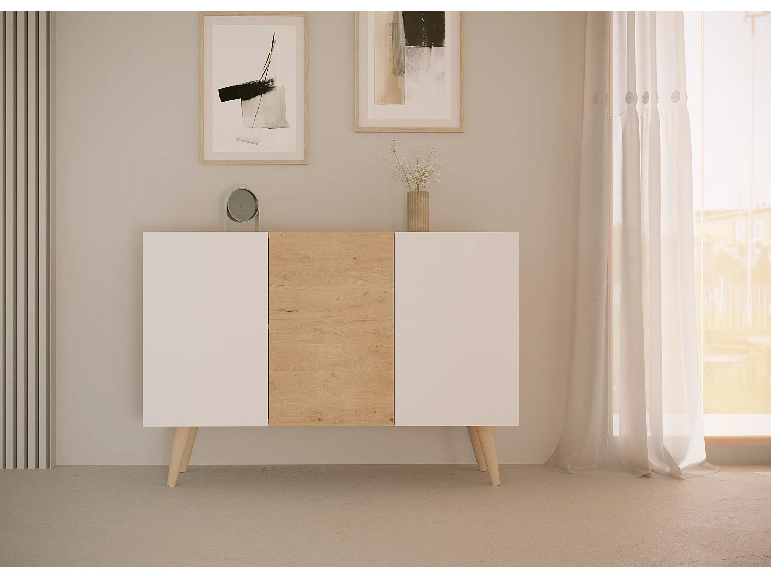 Cómoda Rolia 3 puertas 120 cm-Color Natural y blanco