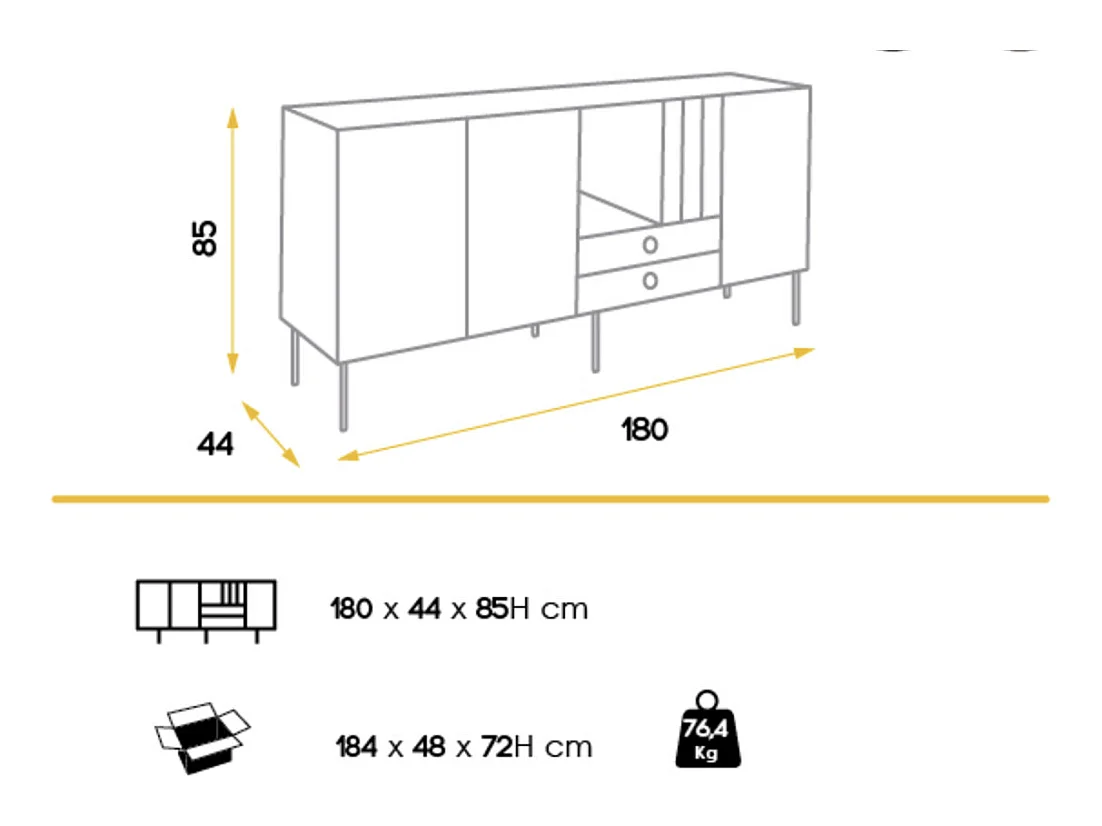 Aparador de 3 puertas de colores vivos en madera de Koleka 180 cm