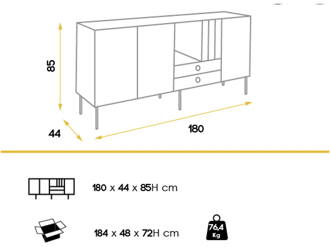 Aparador de 3 puertas de colores vivos en madera de Koleka 180 cm