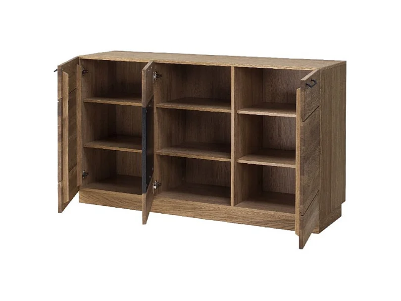 Buffet en madera de roble miel y acero negro 3 puertas Mazora 150 cm