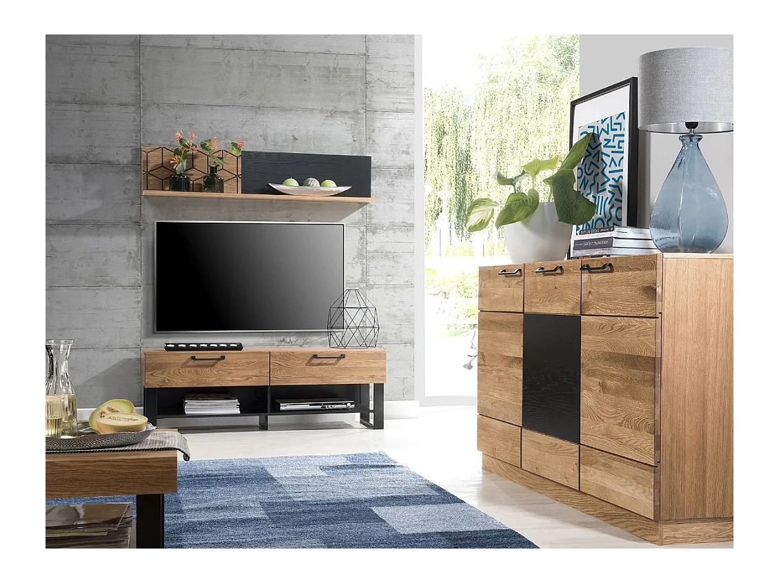 Buffet en madera de roble miel y acero negro 3 puertas Mazora 150 cm