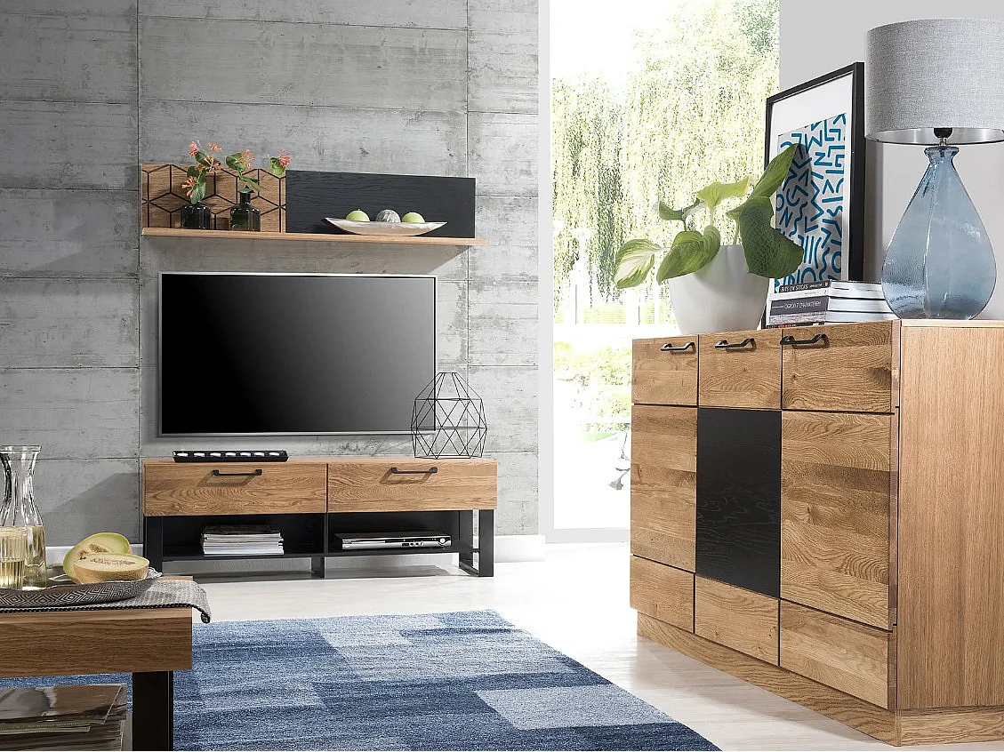 Buffet en madera de roble miel y acero negro 3 puertas Mazora 150 cm