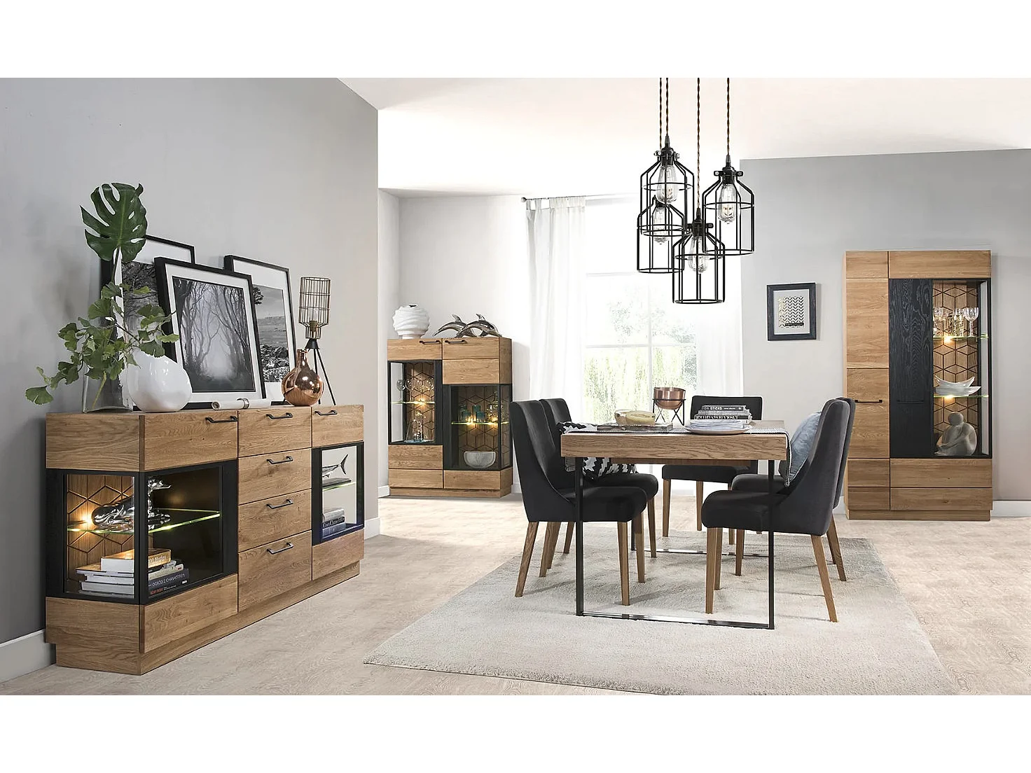 Buffet en madera de roble miel y acero negro 3 puertas Mazora 150 cm