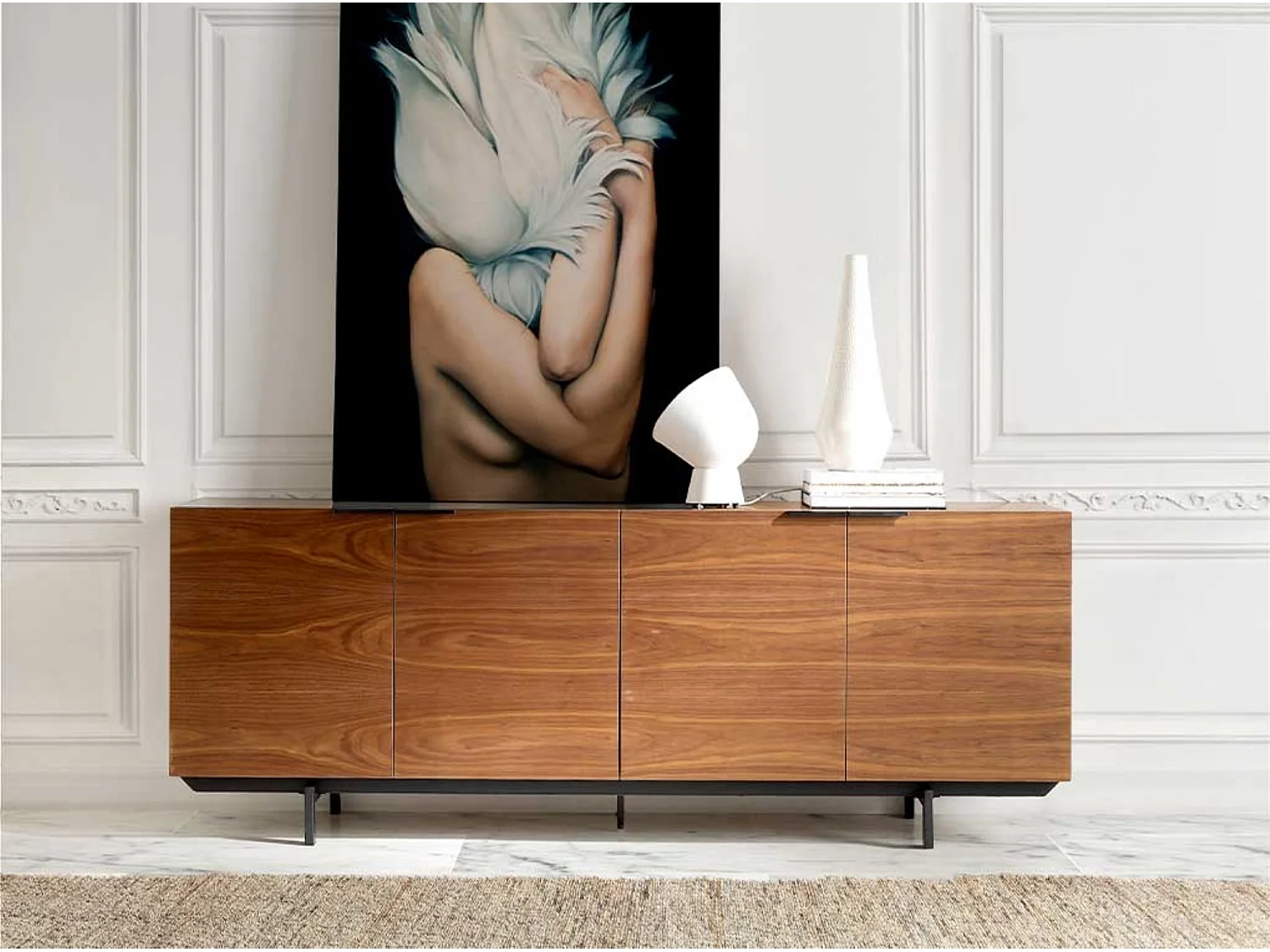 Bakia Aparador moderno de 4 puertas en nogal con patas de acero negro 200 cm