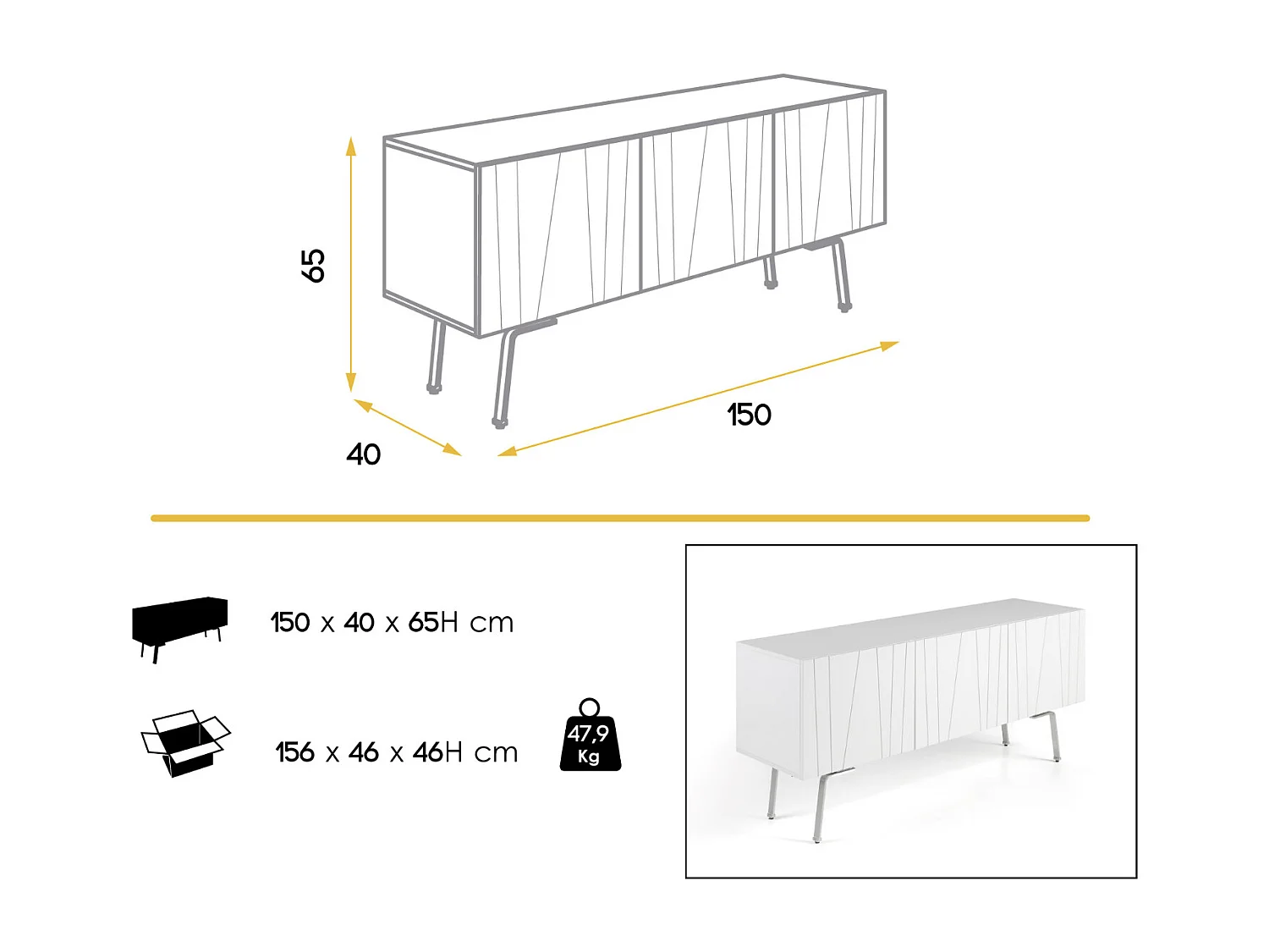 Aparador 3 puertas madera lacada blanca Valentin 150 cm