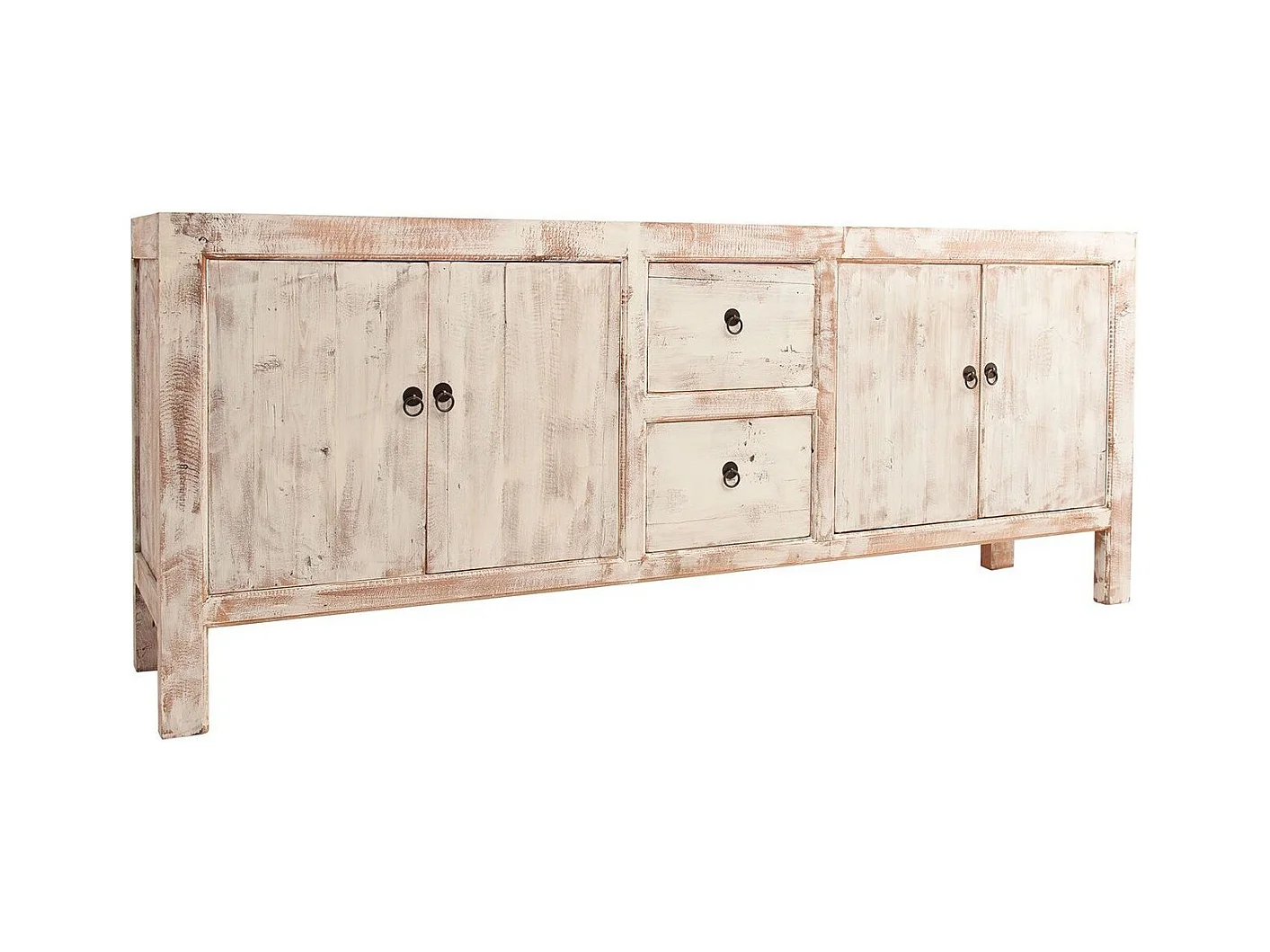Aparador Maggi de 4 puertas y 2 cajones de pino macizo recuperado, decapado en blanco
