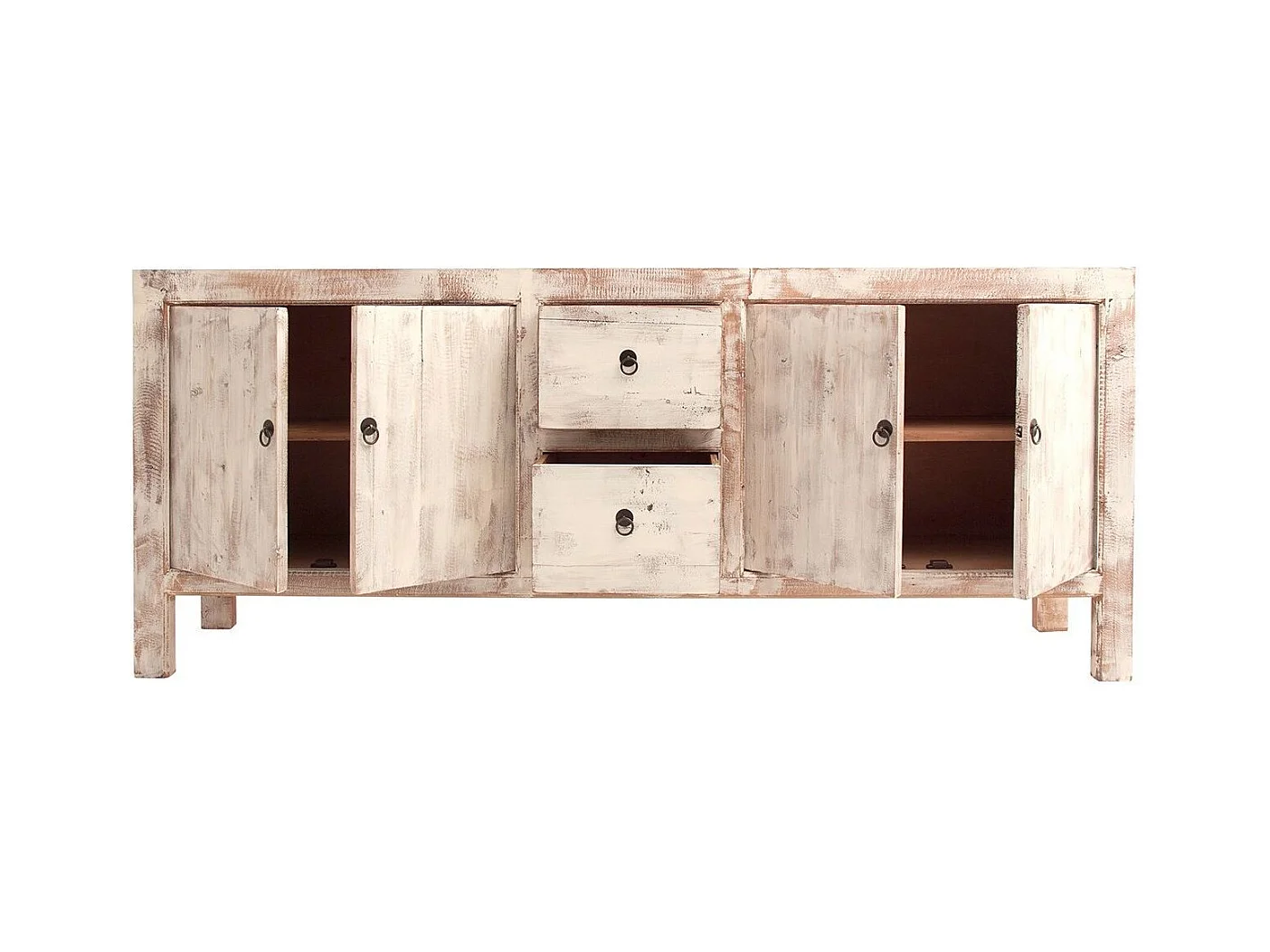 Aparador Maggi de 4 puertas y 2 cajones de pino macizo recuperado, decapado en blanco