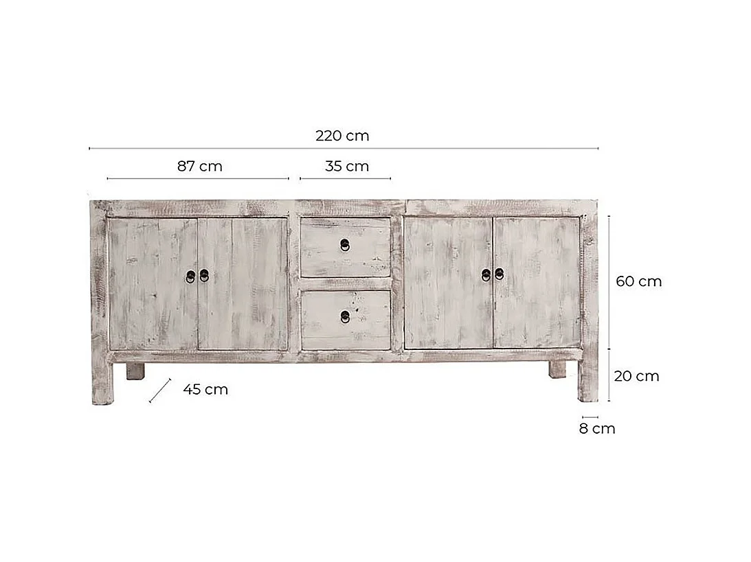 Aparador Maggi de 4 puertas y 2 cajones de pino macizo recuperado, decapado en blanco