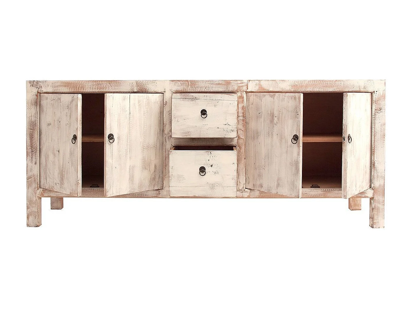 Aparador Maggi de 4 puertas y 2 cajones de pino macizo recuperado, decapado en blanco