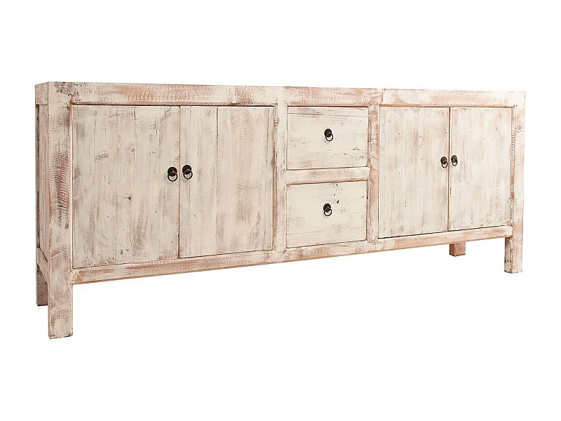 Aparador Maggi de 4 puertas y 2 cajones de pino macizo recuperado, decapado en blanco