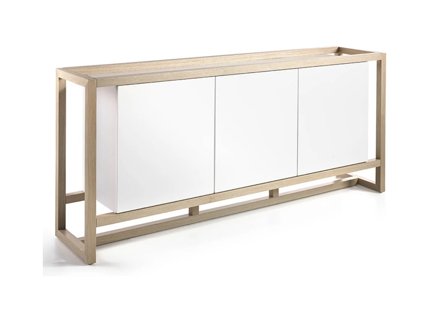 Aparador de 3 puertas de madera lacada en blanco y haya natural Valeto 195 cm