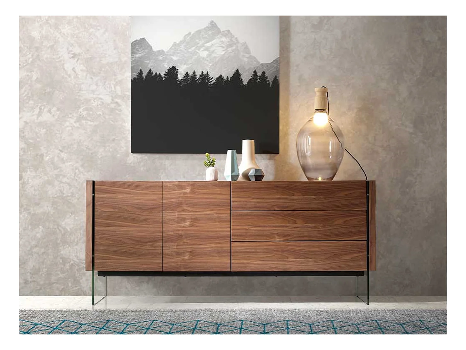 Aparador moderno Belina 2 puertas 3 cajones nogal y cristal templado 180 cm