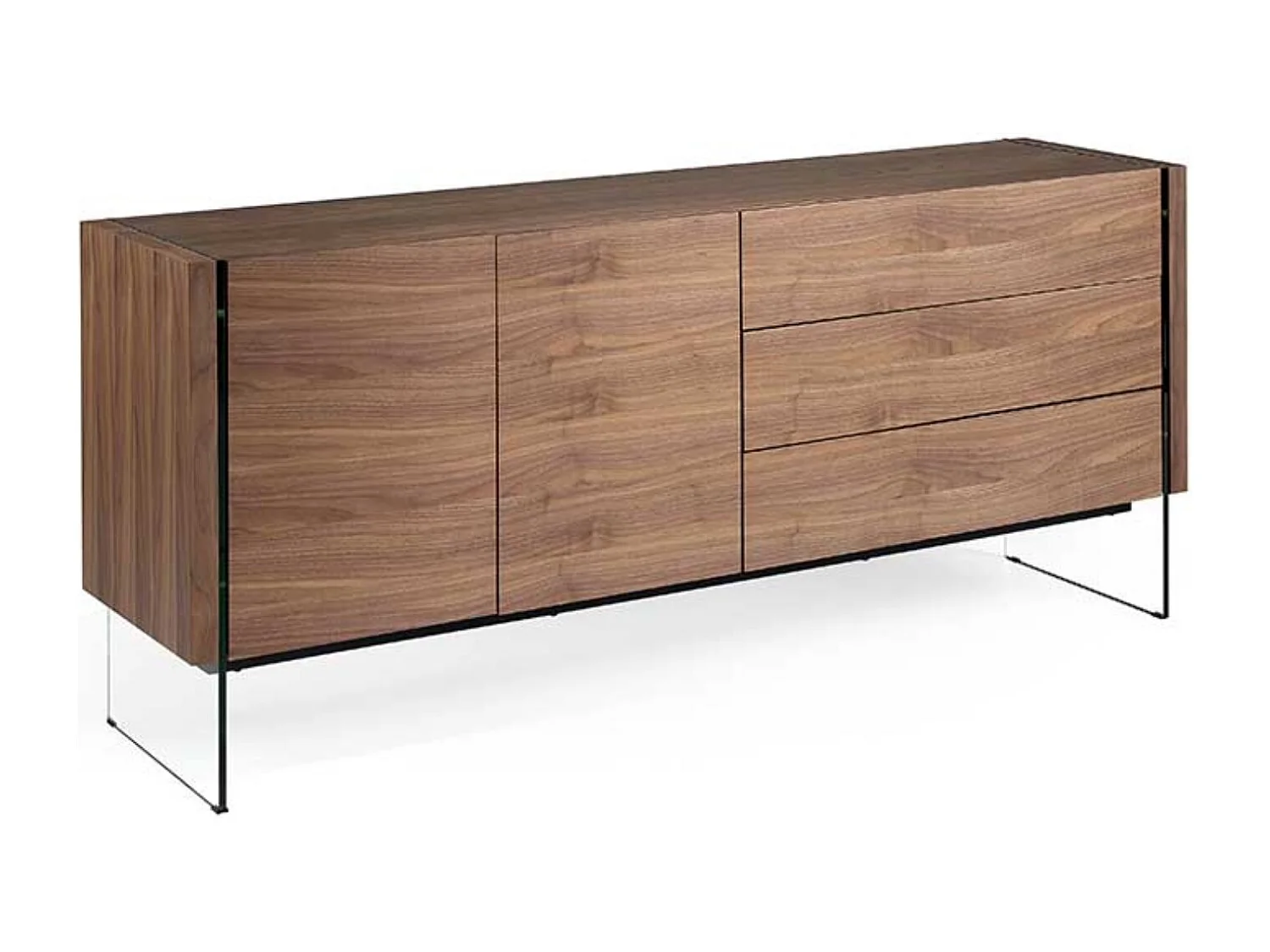 Aparador moderno Belina 2 puertas 3 cajones nogal y cristal templado 180 cm