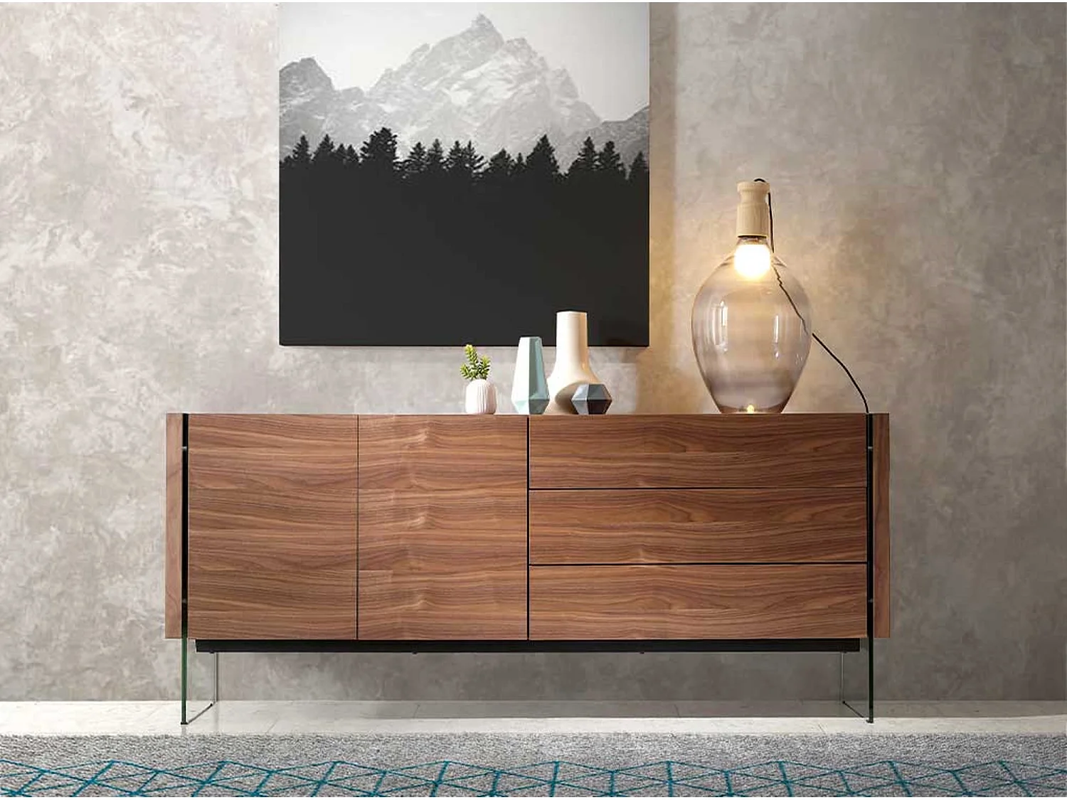 Aparador moderno Belina 2 puertas 3 cajones nogal y cristal templado 180 cm