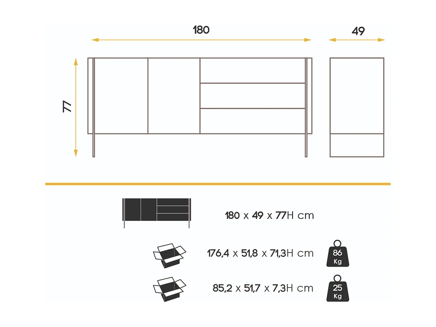 Aparador moderno Belina 2 puertas 3 cajones nogal y cristal templado 180 cm