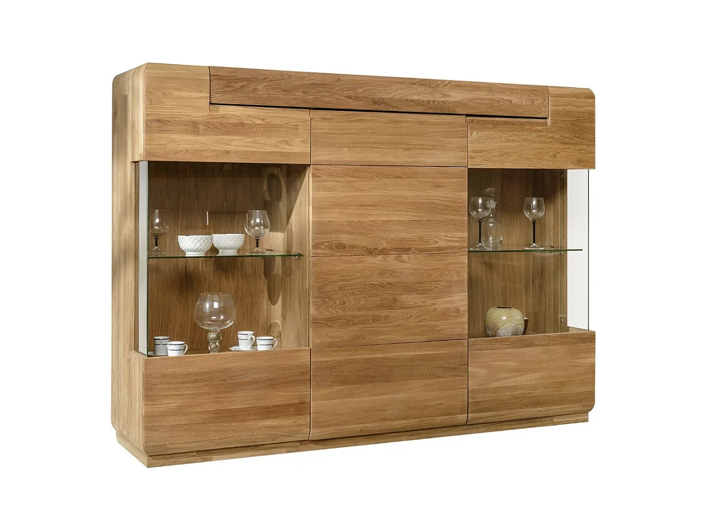 Aparador con vitrina de madera maciza de roble miel 3 puertas Divina 180 cm