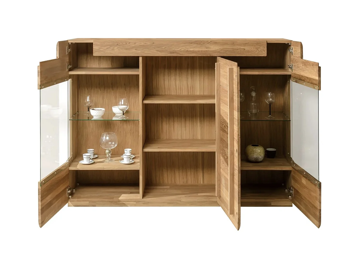 Aparador con vitrina de madera maciza de roble miel 3 puertas Divina 180 cm