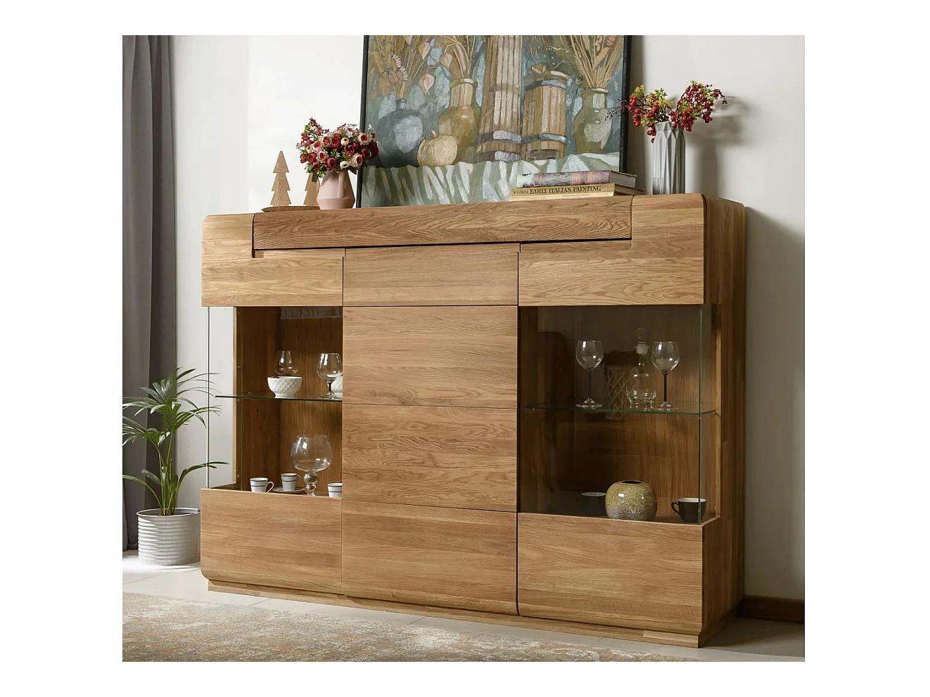 Aparador con vitrina de madera maciza de roble miel 3 puertas Divina 180 cm
