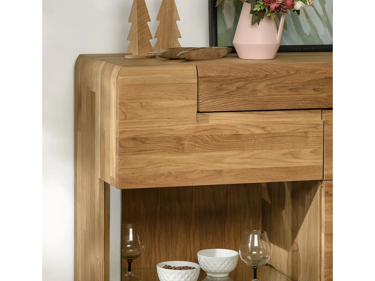 Aparador con vitrina de madera maciza de roble miel 3 puertas Divina 180 cm