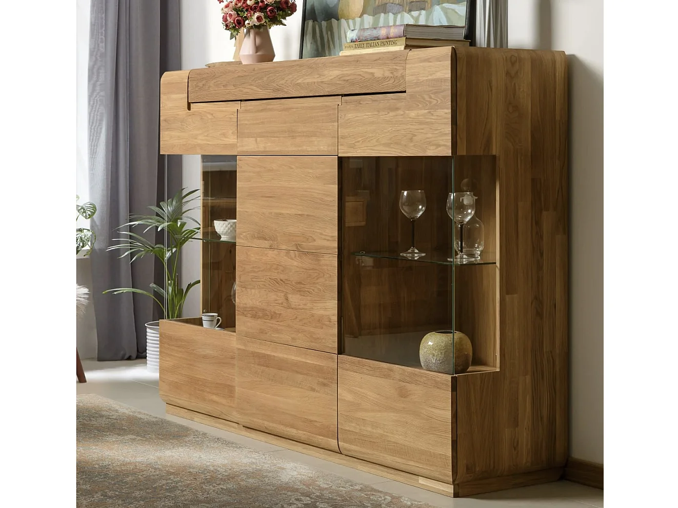 Aparador con vitrina de madera maciza de roble miel 3 puertas Divina 180 cm