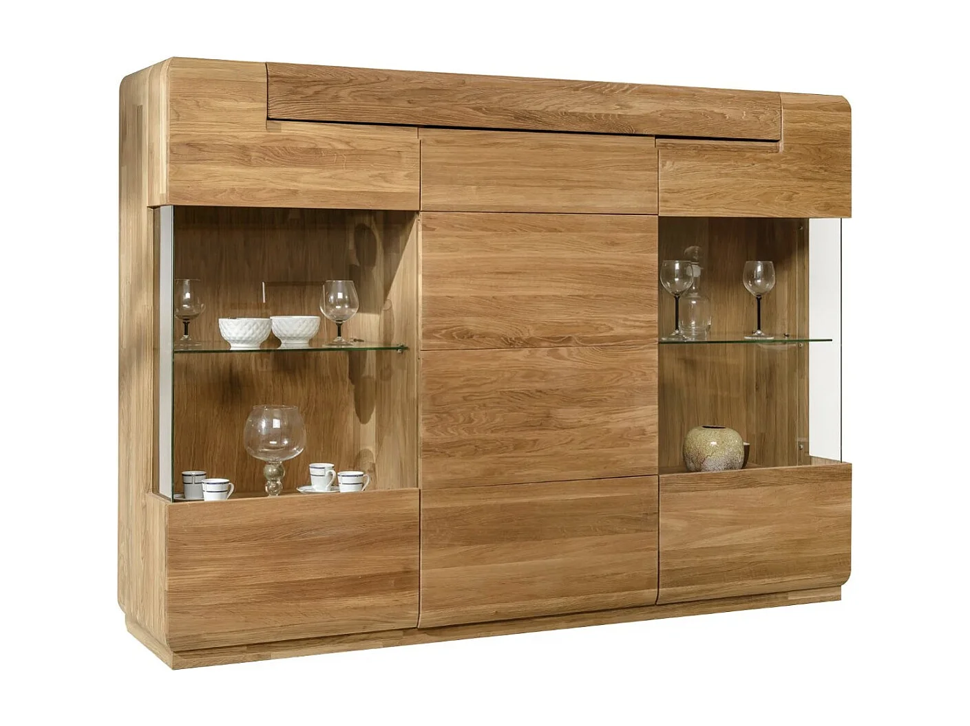 Aparador con vitrina de madera maciza de roble miel 3 puertas Divina 180 cm