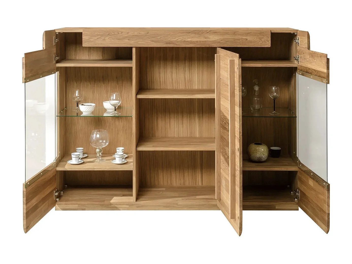 Aparador con vitrina de madera maciza de roble miel 3 puertas Divina 180 cm