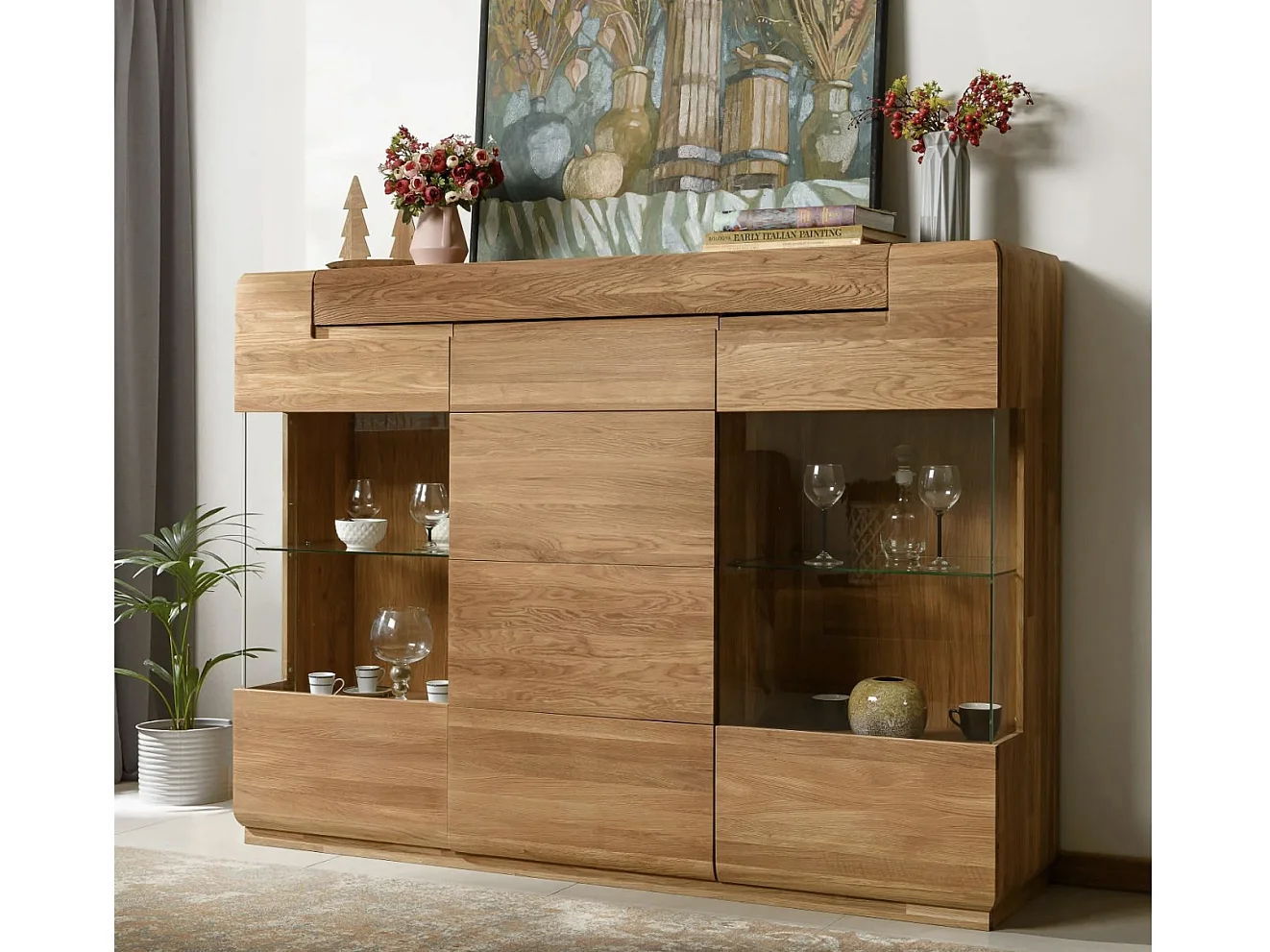Aparador con vitrina de madera maciza de roble miel 3 puertas Divina 180 cm