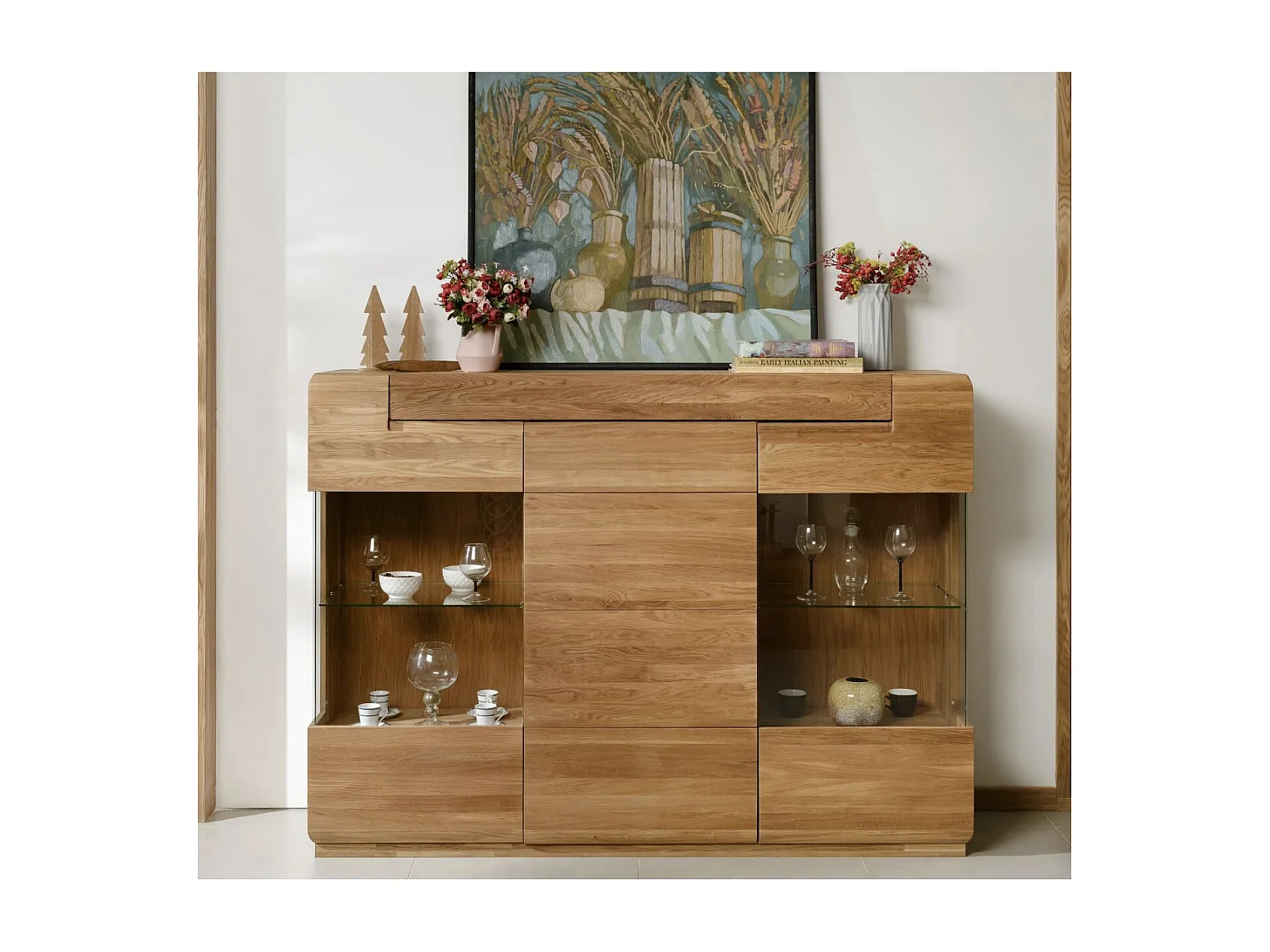 Aparador con vitrina de madera maciza de roble miel 3 puertas Divina 180 cm