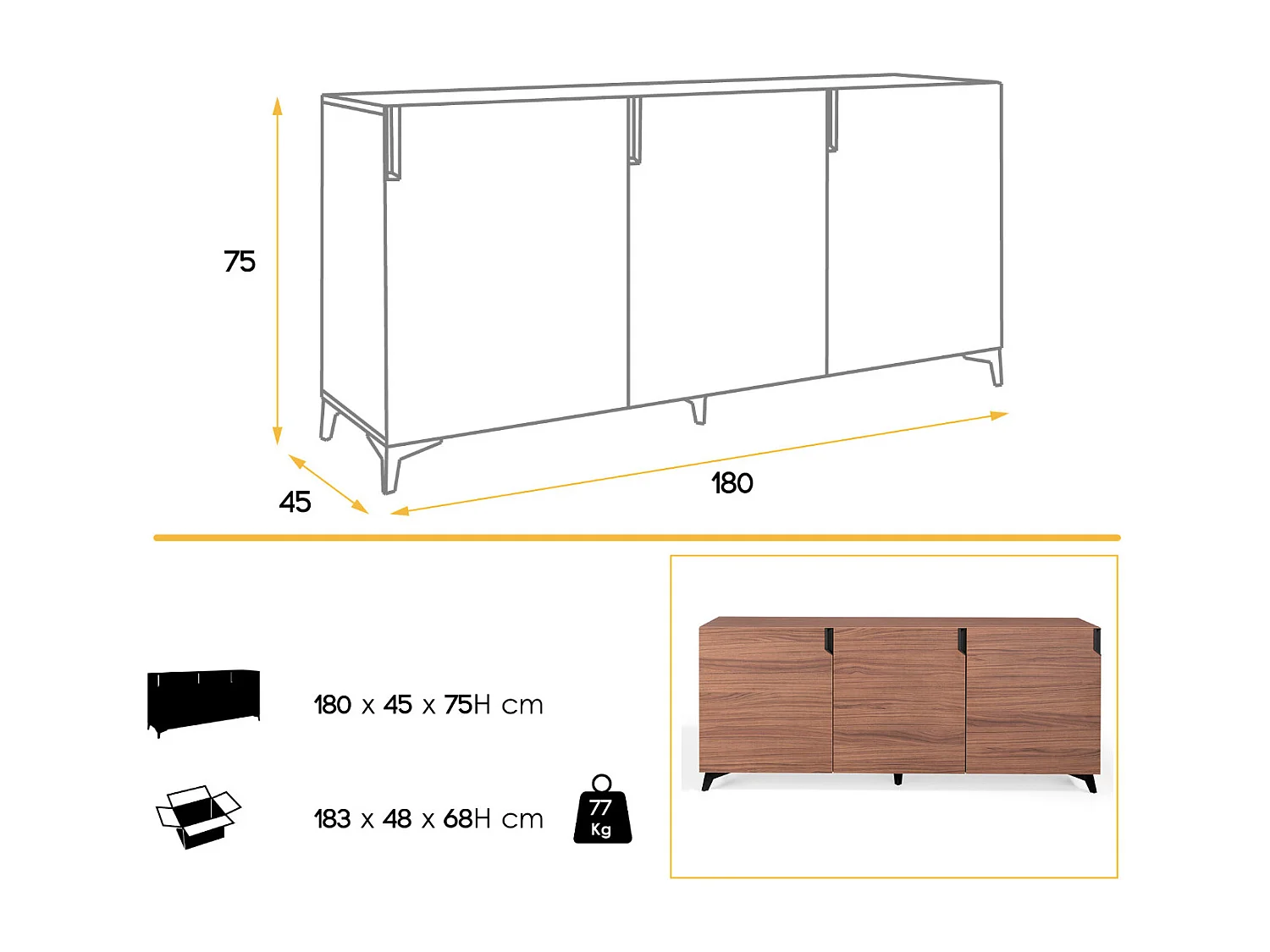 Kalieto Aparador de 3 puertas de madera marrón con patas de acero negro 180 cm