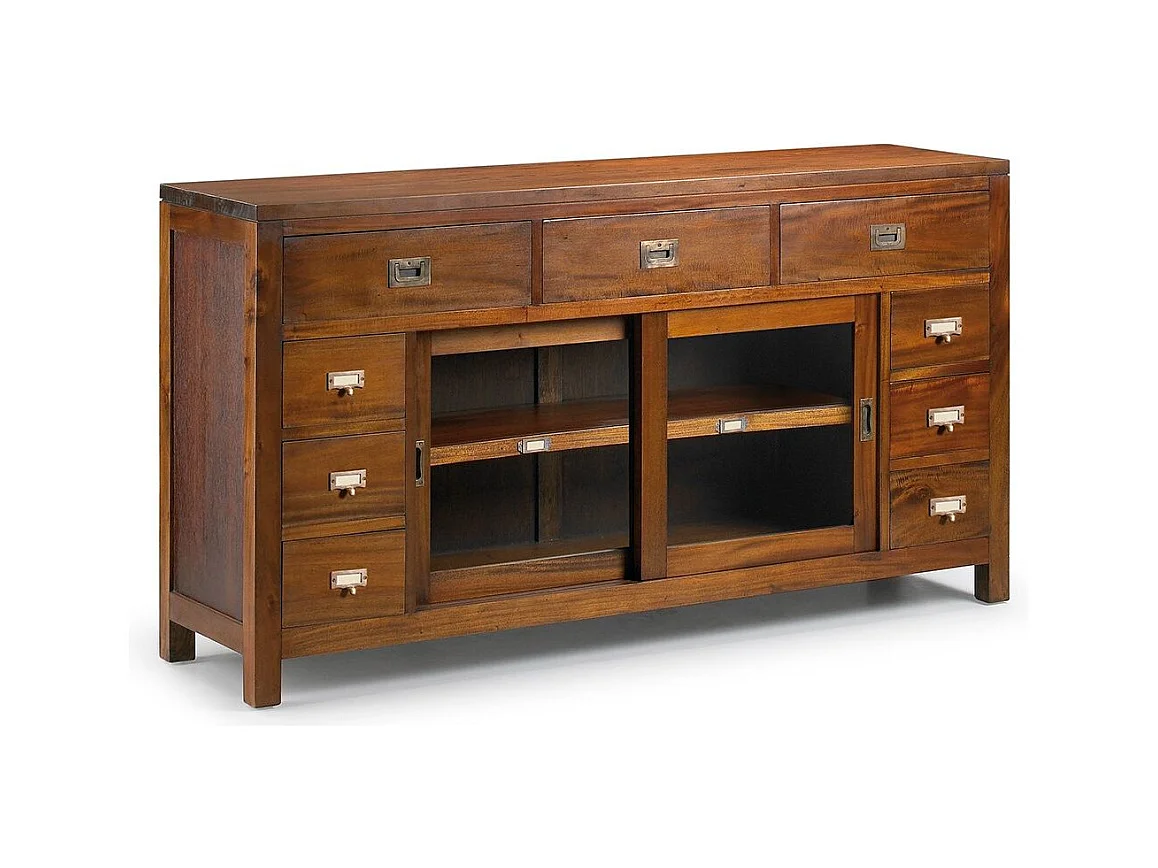 Aparador colonial 2 puertas cristal 9 cajones madera maciza caoba Falkane 150 cm