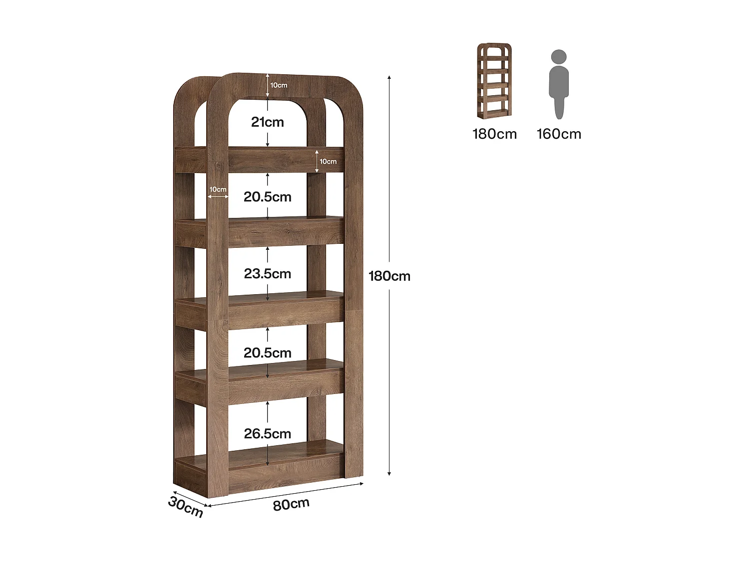 Bibliothèque de 180 cm de haut, bibliothèque à 5 niveaux avec étagères ouvertes, meuble de rangement de style industriel pour bureau à domicile
