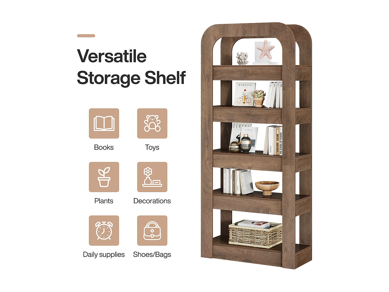 Bibliothèque de 180 cm de haut, bibliothèque à 5 niveaux avec étagères ouvertes, meuble de rangement de style industriel pour bureau à domicile