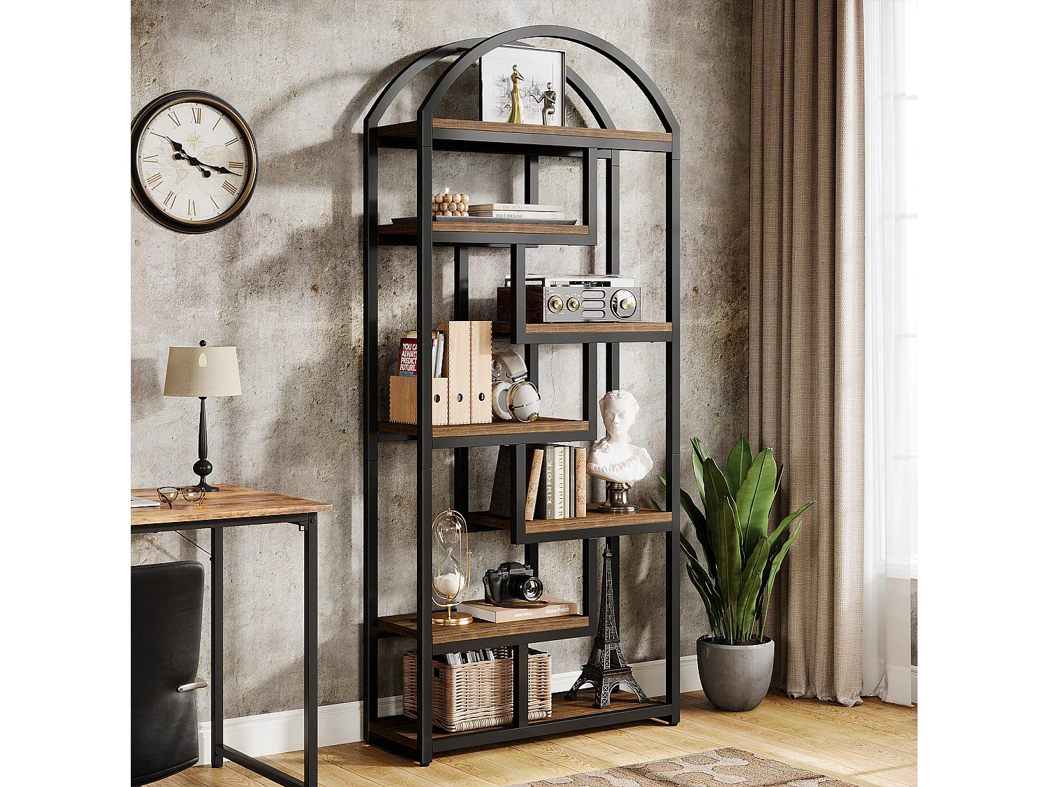 180 cm hoge gebogen boekenplank, industriële etagère boekenkast met open schappen