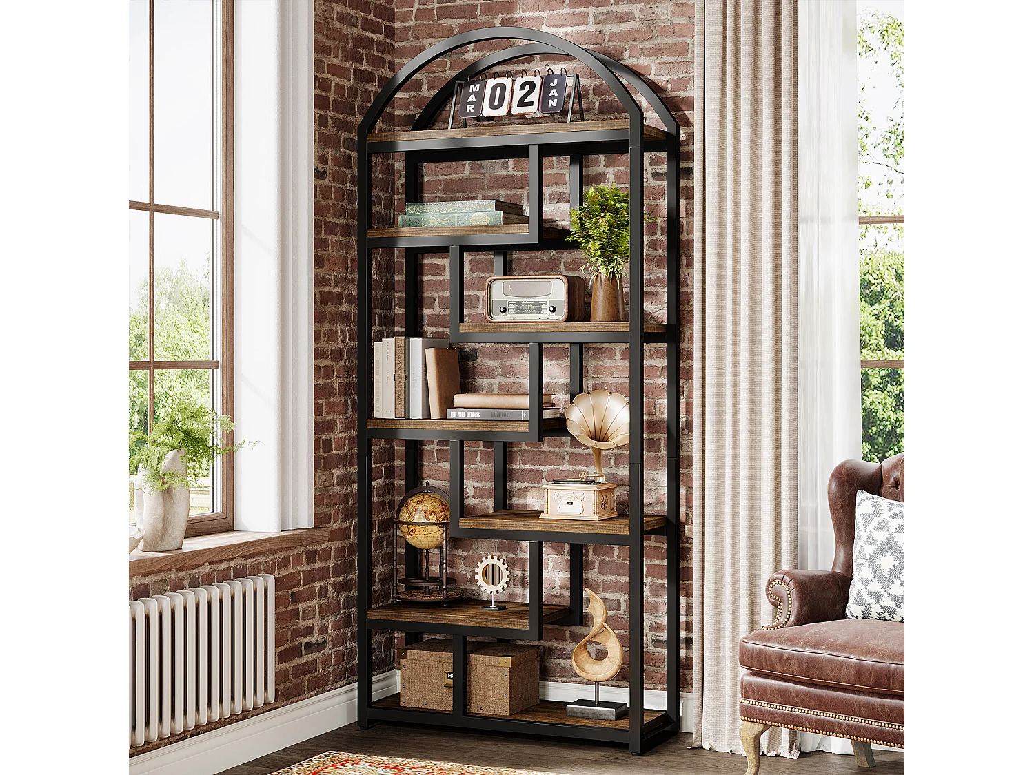 180 cm hoge gebogen boekenplank, industriële etagère boekenkast met open schappen