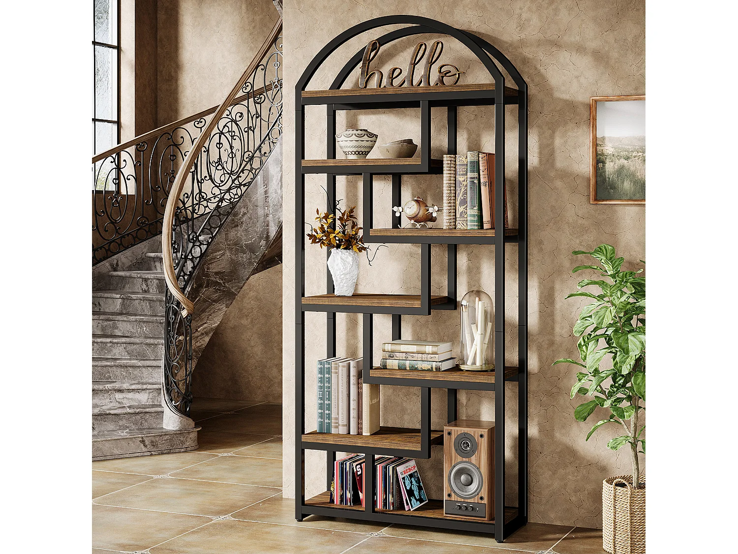 Bibliothèque arquée de 180 cm de haut, étagère industrielle avec étagères ouvertes