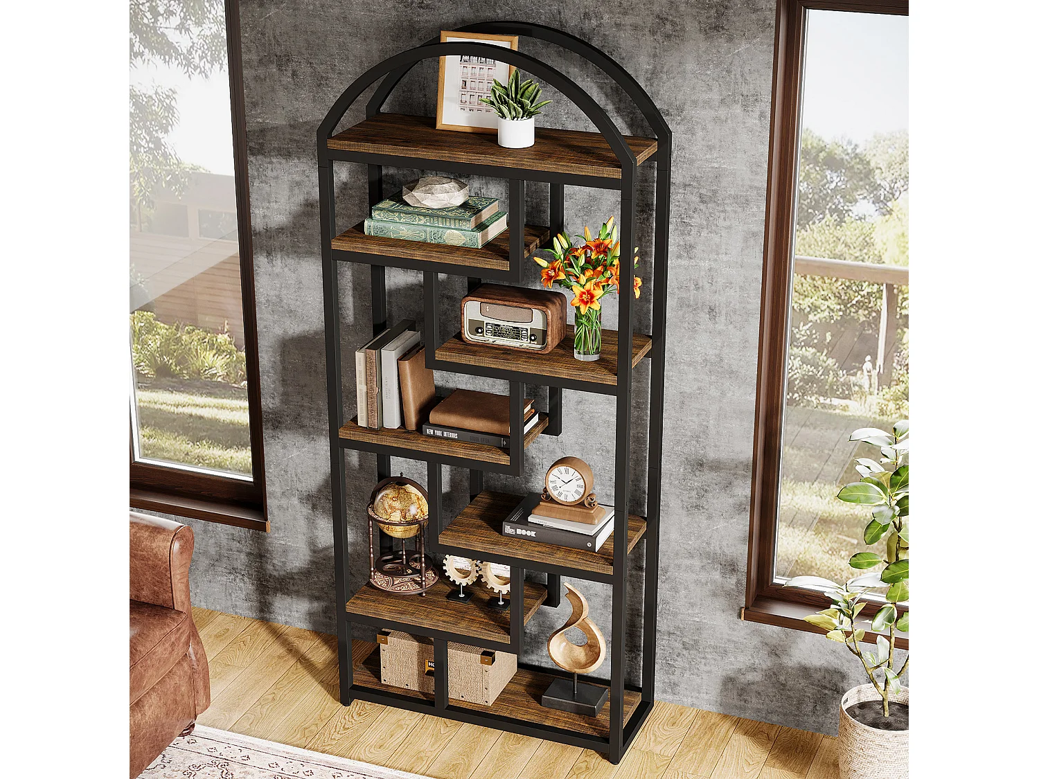 Bibliothèque arquée de 180 cm de haut, étagère industrielle avec étagères ouvertes