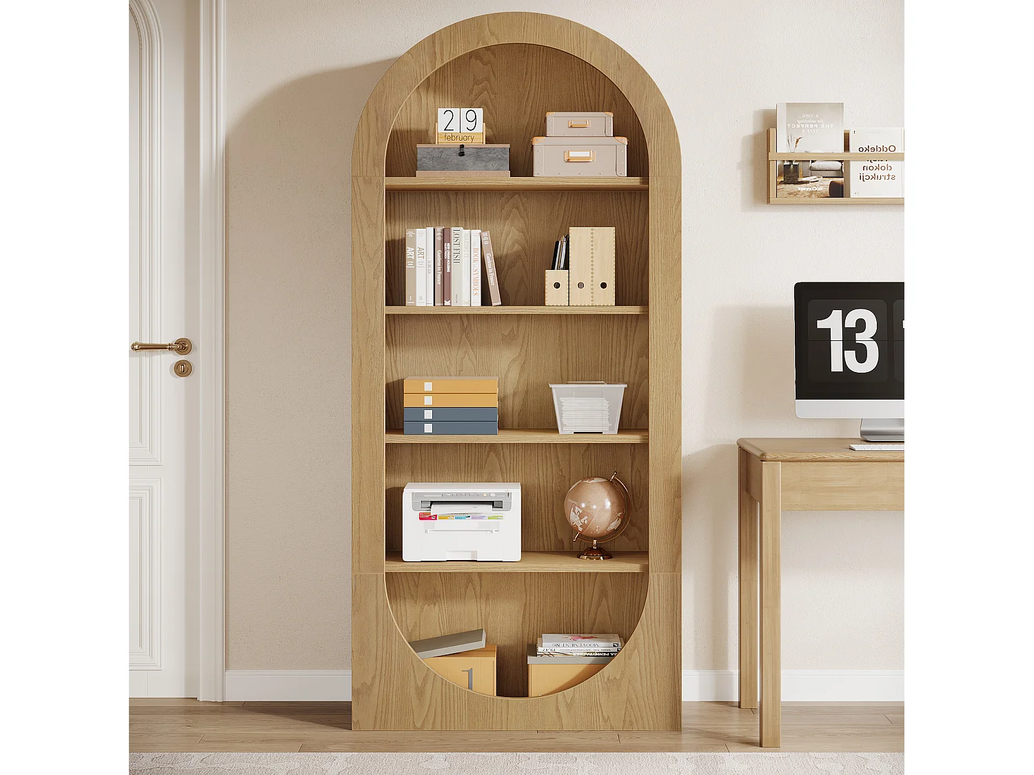 Bibliothèque de 180 cm de haut, bibliothèque cintrée à 5 niveaux avec étagères ouvertes, étagères d'exposition autoportantes avec rangement