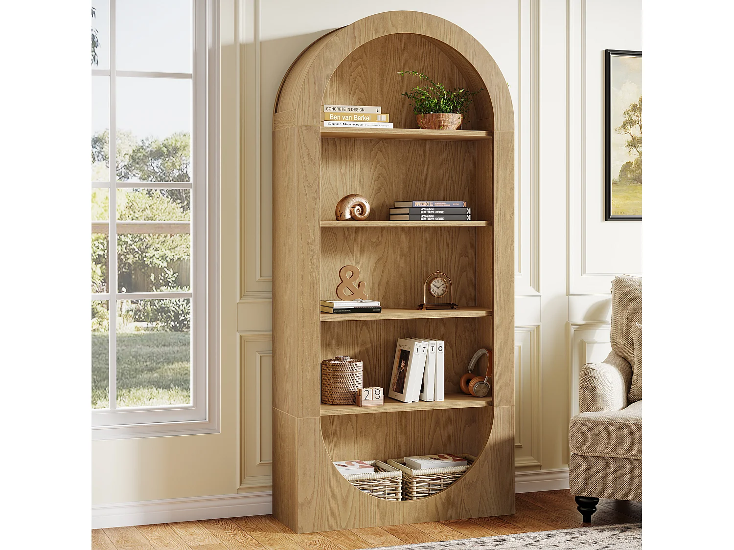 Bibliothèque de 180 cm de haut, bibliothèque cintrée à 5 niveaux avec étagères ouvertes, étagères d'exposition autoportantes avec rangement