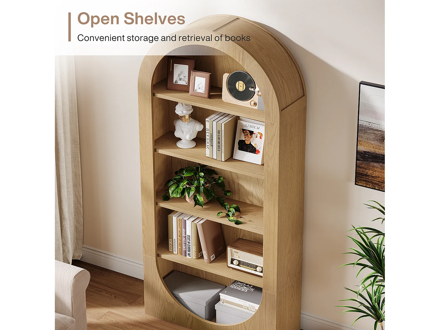 Bibliothèque de 180 cm de haut, bibliothèque cintrée à 5 niveaux avec étagères ouvertes, étagères d'exposition autoportantes avec rangement