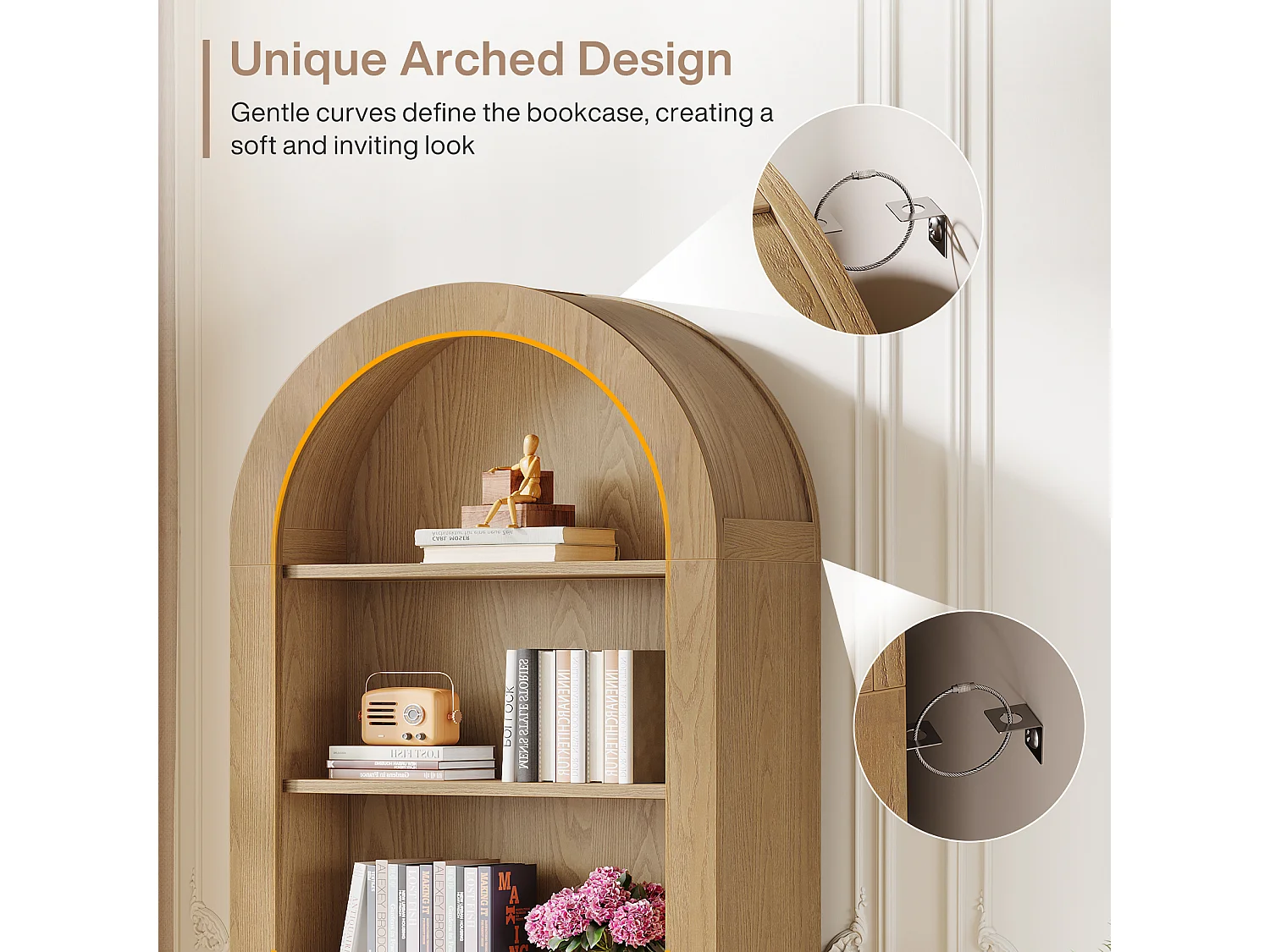 Bibliothèque de 180 cm de haut, bibliothèque cintrée à 5 niveaux avec étagères ouvertes, étagères d'exposition autoportantes avec rangement