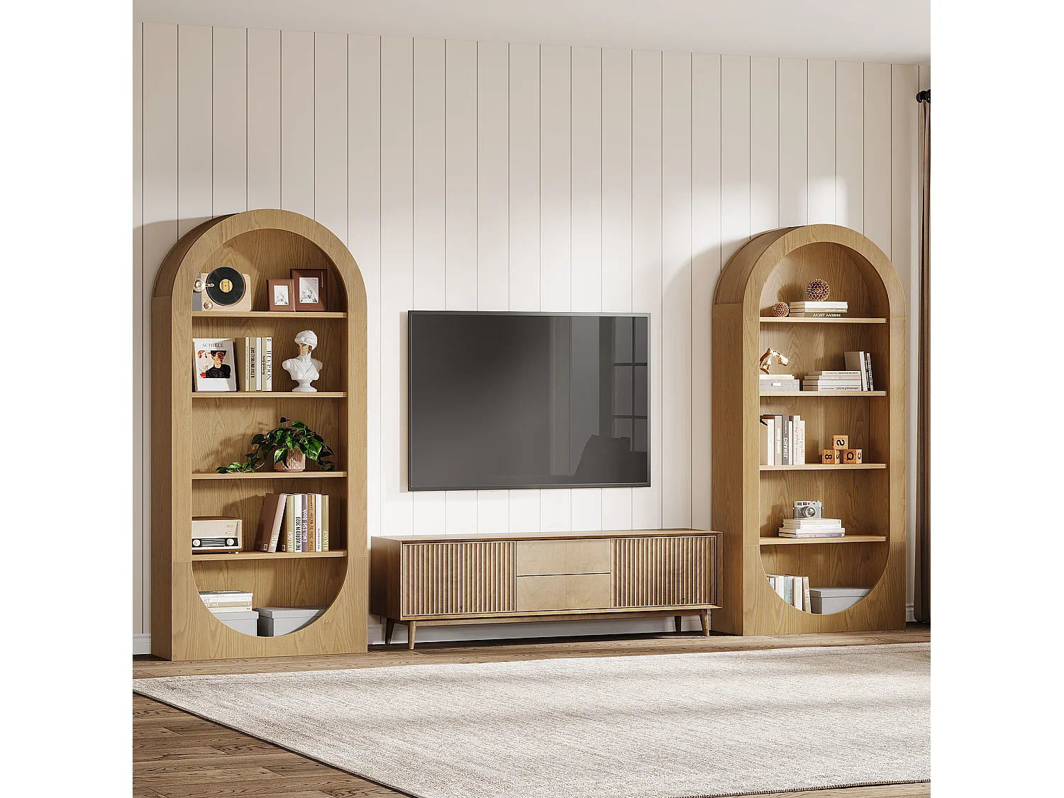 Bibliothèque de 180 cm de haut, bibliothèque cintrée à 5 niveaux avec étagères ouvertes, étagères d'exposition autoportantes avec rangement