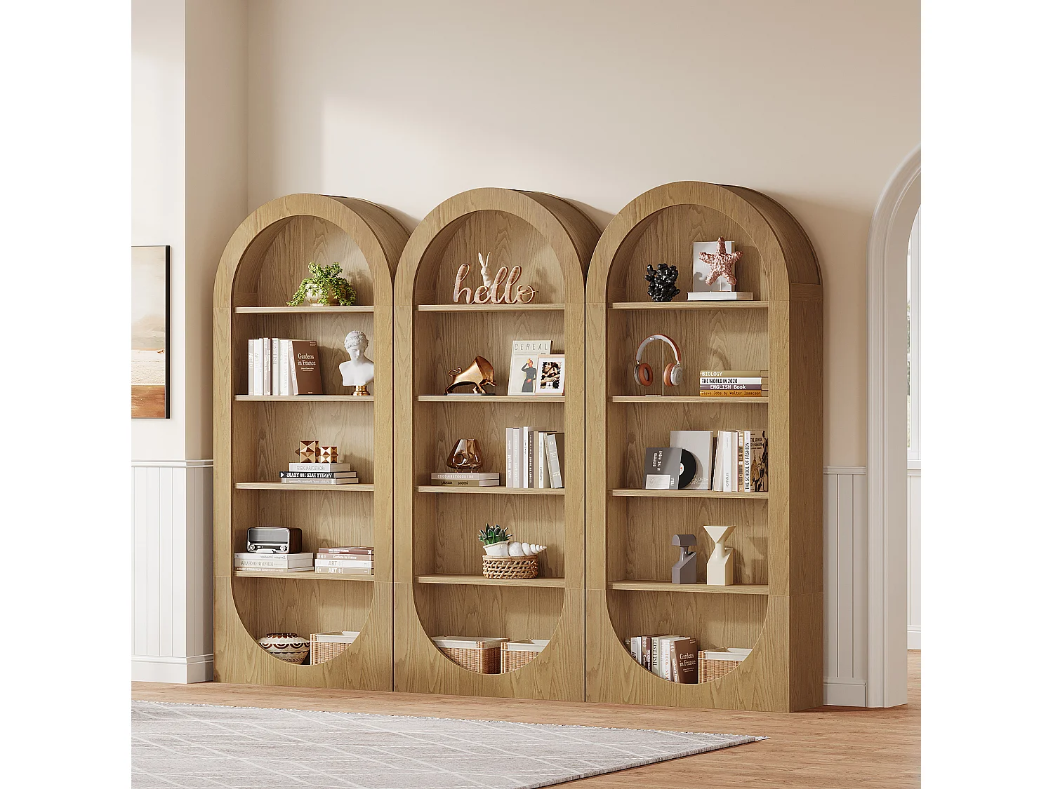 Bibliothèque de 180 cm de haut, bibliothèque cintrée à 5 niveaux avec étagères ouvertes, étagères d'exposition autoportantes avec rangement