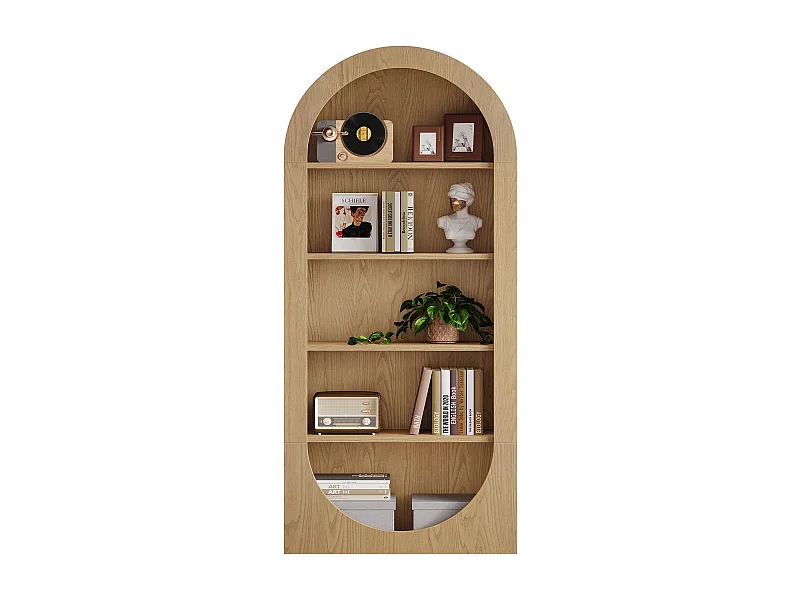 Bibliothèque de 180 cm de haut, bibliothèque cintrée à 5 niveaux avec étagères ouvertes, étagères d'exposition autoportantes avec rangement