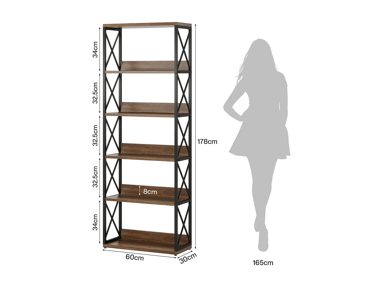 Bibliothèque industrielle à 5 niveaux, étagère de 177,5 cm de haut avec étagères ouvertes