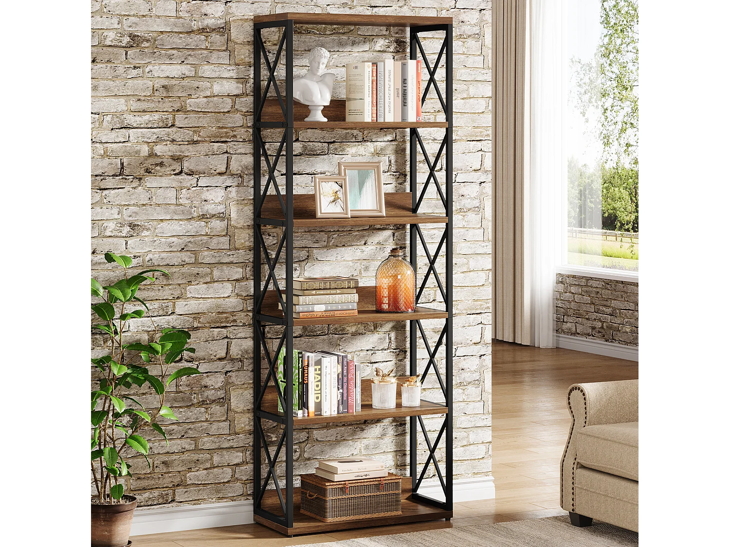 Bibliothèque industrielle à 5 niveaux, étagère de 177,5 cm de haut avec étagères ouvertes