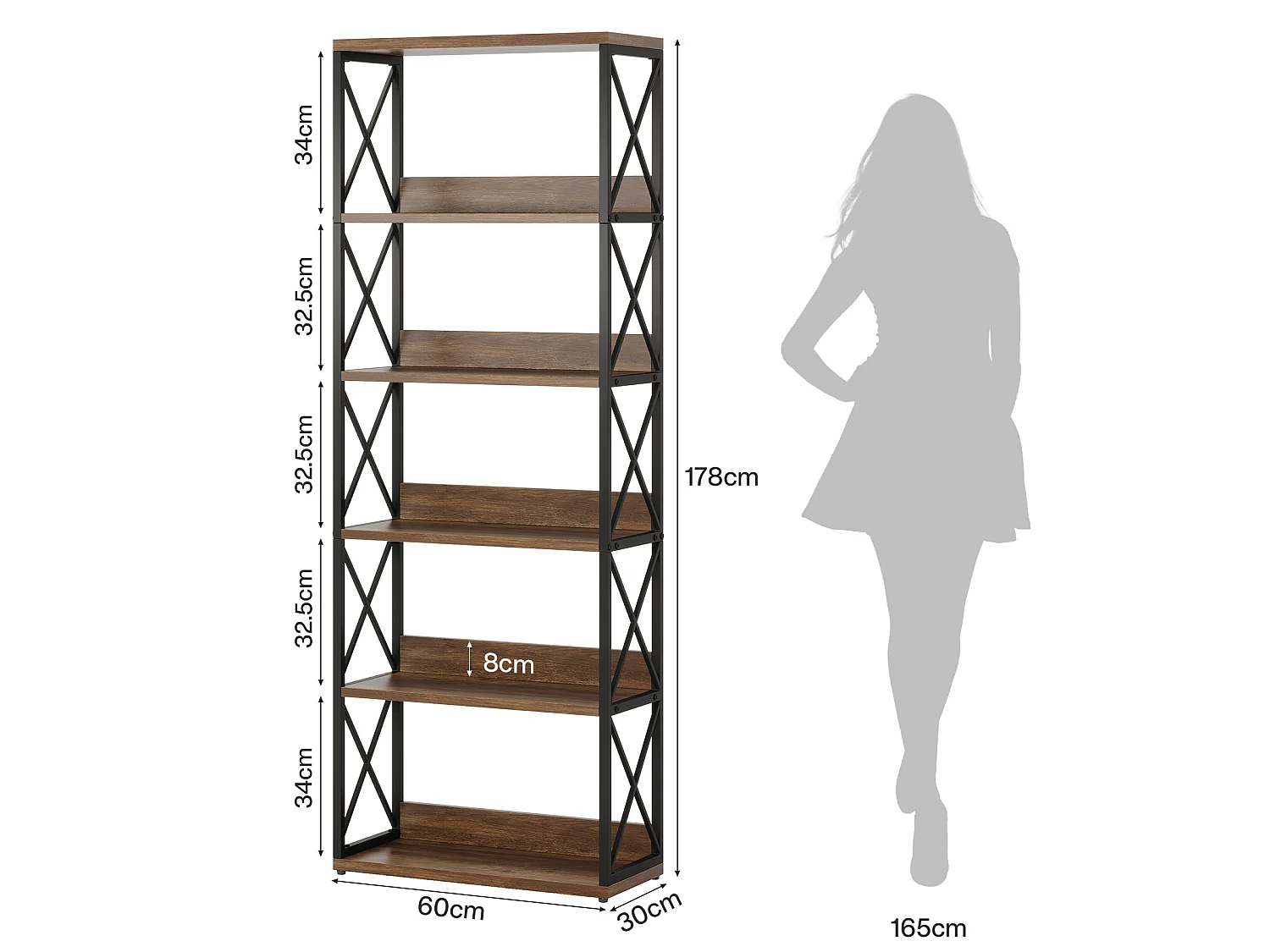 5-laags industriële boekenkast, 177,5 cm hoge etagère boekenkast met open planken