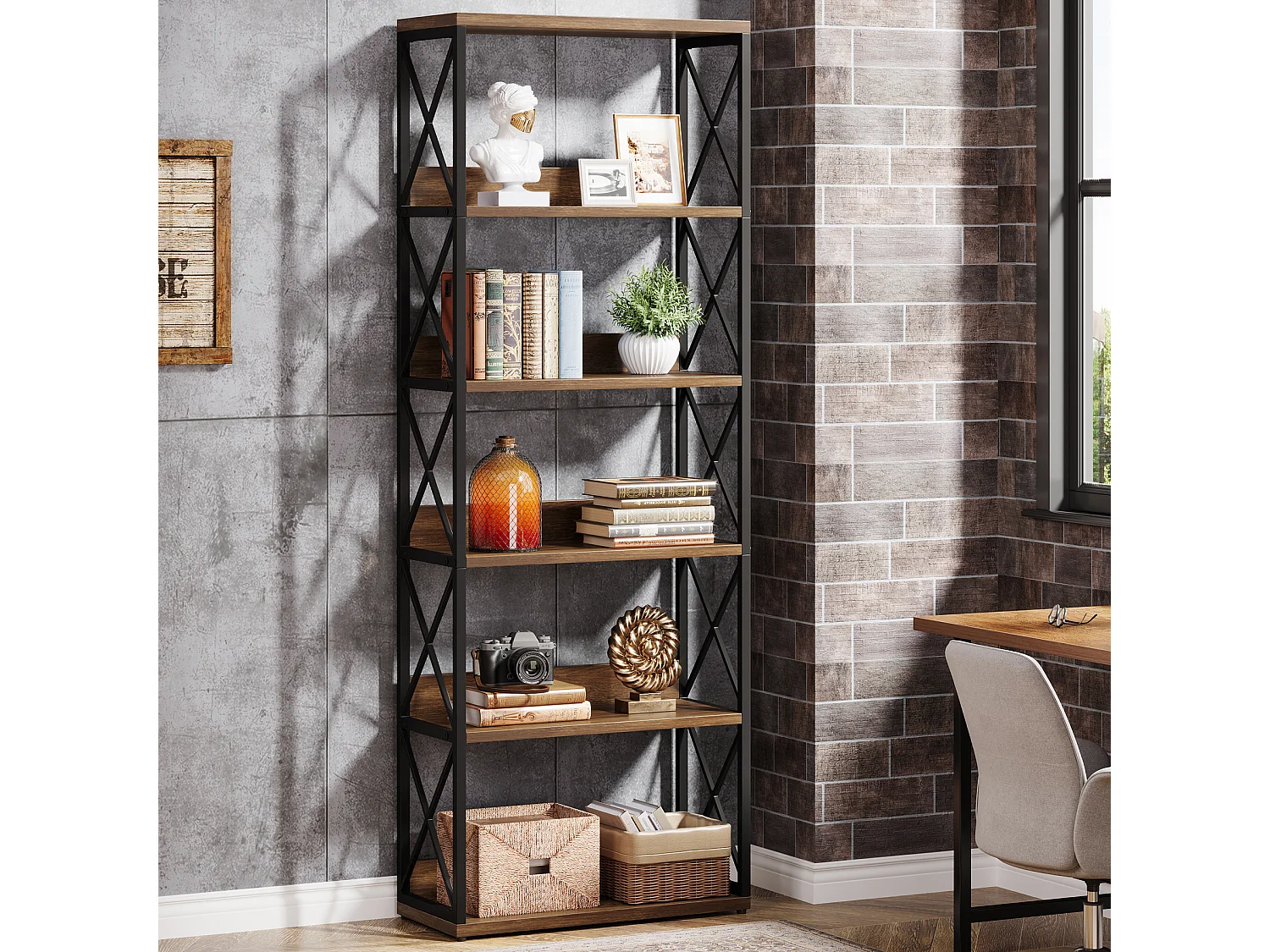 5-laags industriële boekenkast, 177,5 cm hoge etagère boekenkast met open planken