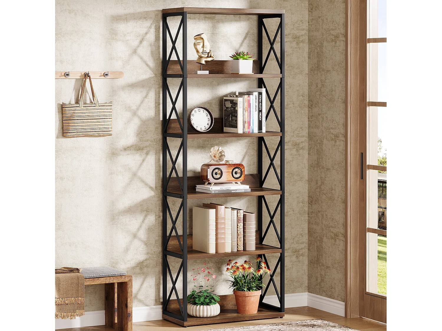5-laags industriële boekenkast, 177,5 cm hoge etagère boekenkast met open planken